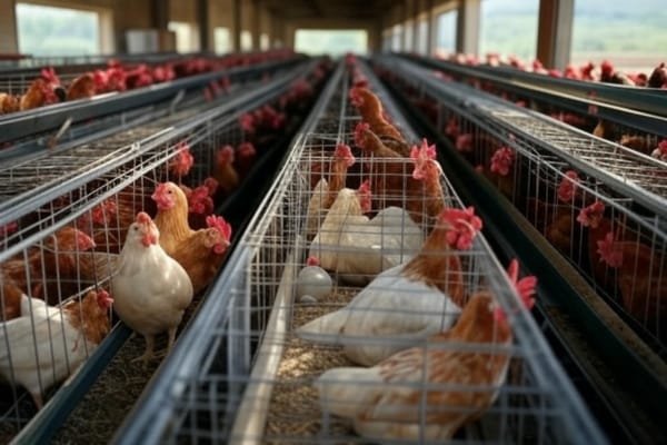 A large poultry farm with chickens in cages, with a focus on egg production