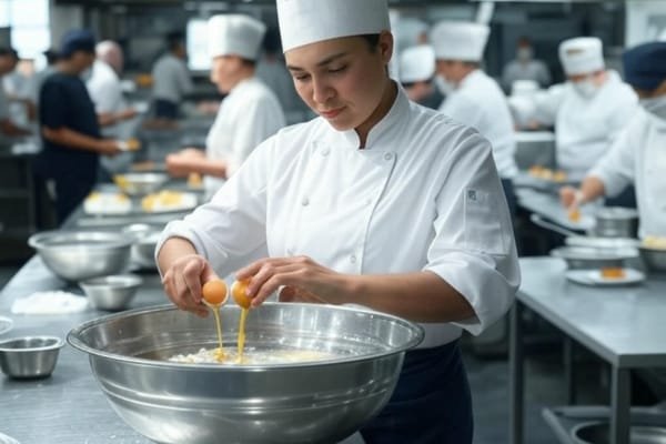A busy restaurant kitchen with chefs preparing egg dishes