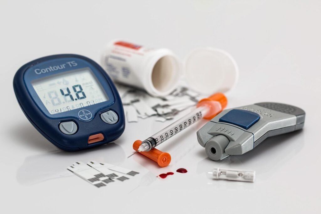 Glucose meter beside water bottle with nuts and yogurt promoting daily monitoring.